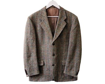 Vintage Harris Tweed blazer, grijze wollen jas, retrostijl, casual herenmodel, maat M, jaren 90, retro klassieke stijl, casual kleding.