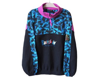 Vintage Beach & Snow Fleece 1/4 Zip Sweater Size L abstract crazy pattern outdoor ski 90s Pullover Jumper Winter Style