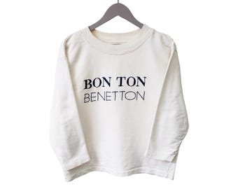 Vintage United Colors of Benetton Bon Ton sweatshirt met 3/4 mouwen, ronde hals en groot logo, damesmaat M, jaren 90, sportieve casual stijl, trui/pullover