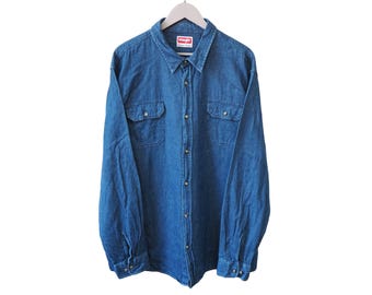 Vintage Wrangler denim overhemd maat XXL, blauwe jeans met knopen, jaren 2000, button-up jeansstijl.