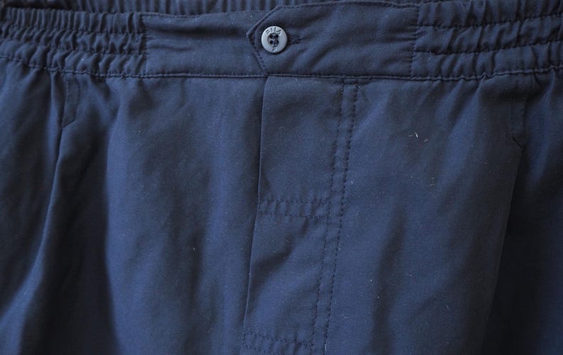 May include: Close-up of navy blue fabric, likely part of a garment. The image highlights the waistband with elastic gathering, a button, and vertical stitching details. The button has a small, circular design.
