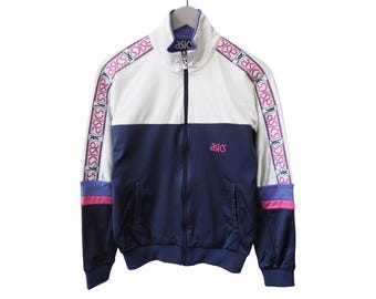Vintage ASICS trainingsjack met volledige ritssluiting, maat S voor dames, wit, blauw logo op de mouw, jaren 90, sportieve stijl, casual, lichtgewicht, sportkleding