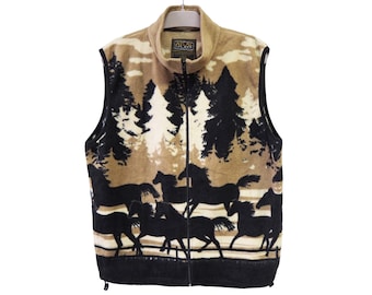 Vintage Horse Fleece Sweater Vest Size XL nature animal print sleeveless 90s Pullover Jumper Winter Style