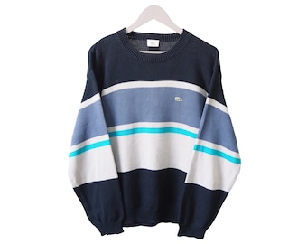 Jersey vintage LACOSTE talla L, manga larga, cuello redondo, azul, estilo retro de los años 2000. Jersey informal.
