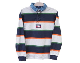 Vintage GANT Rugby Shirt long sleeve T-Shirt collared gray blue jumper S 00s Sport Style Casual Wear Jumper