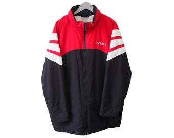 Vintage Adidas jas met volledige ritssluiting, maat XL, rood/zwart, sportief, klassiek, jaren 90, sportieve stijl, casual, windjack.