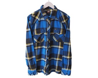 Vintage LEE overhemd maat L met blauwe drukknopen, retro westernstijl, flanel, jaren 90, button-up stijl.