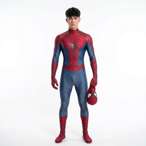 May include: A full-body Spider-Man costume in red and blue, featuring a web pattern and a spider emblem on the chest. The costume includes a matching mask held in the hand, with white eye lenses.
