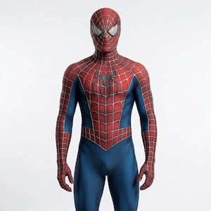 Op de afbeelding: Een Spider-Man-kostuum in rood en blauw. De rode delen hebben een webpatroon. Een zwart spinnenembleem staat op de borst. Het masker heeft grote, zilverkleurige ooglenzen. Het pak bedekt het hele lichaam.