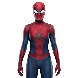 May include: A full-body Spider-Man costume featuring a red and blue color scheme. The costume has a web pattern across the red areas and a spider emblem on the chest. The mask covers the entire head with white eye lenses.