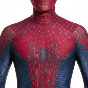 May include: A red and blue Spider-Man costume with a web pattern and a large spider emblem on the chest. The costume has a tight fit and covers the neck and head.