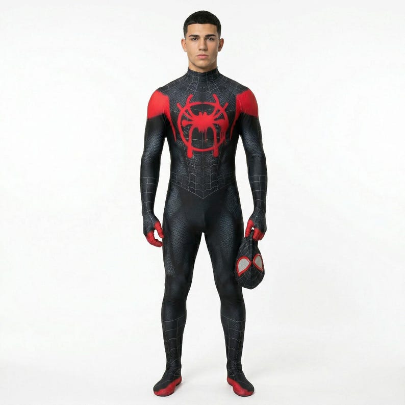 Disfraz de Spider-Man negro / Traje inspirado en Miles Morales del Spider-Verse / Traje de Halloween para adultos / Máscara 3D con lentes y diseño de telaraña Detachable Mask