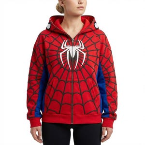 May include: Red zip-up hoodie featuring a black spiderweb design and a white spider emblem on the chest. The hoodie has blue side panels and white accents on the hood.