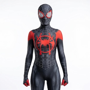 Disfraz de Spider-Man negro / Traje inspirado en Miles Morales del Spider-Verse / Traje de Halloween para adultos / Máscara 3D con lentes y diseño de telaraña imagen 5