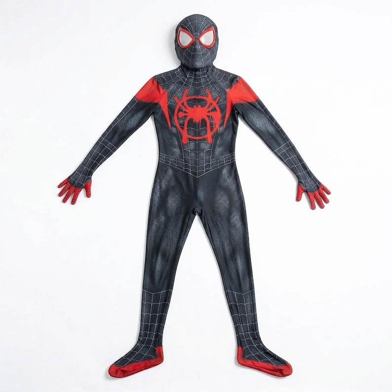 Disfraz de Spider-Man negro / Traje inspirado en Miles Morales del Spider-Verse / Traje de Halloween para adultos / Máscara 3D con lentes y diseño de telaraña imagen 10