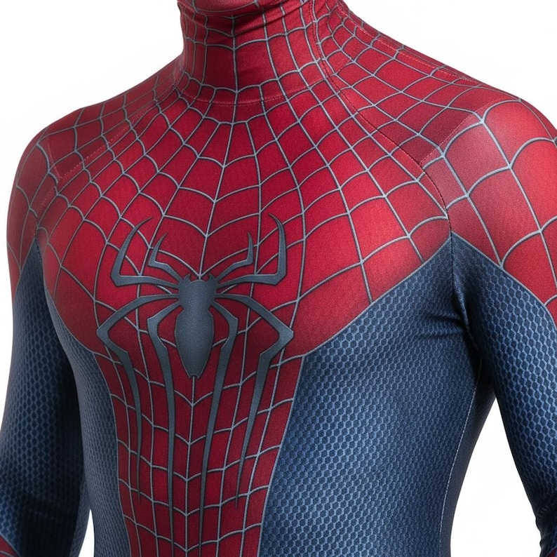 May include: A red and blue Spider-Man costume with a high collar. The costume features a web pattern on the red areas and a large black spider emblem on the chest. The blue areas have a textured pattern.