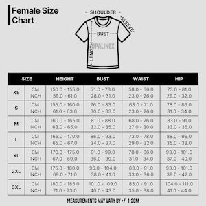 Puede incluir: Tabla de tallas femeninas con medidas en cent&iacute;metros y pulgadas. Las tallas van de XS a 3XL, con medidas de altura, busto, cintura y cadera. La tabla incluye un gr&aacute;fico de camiseta con la marca "PALINEX".