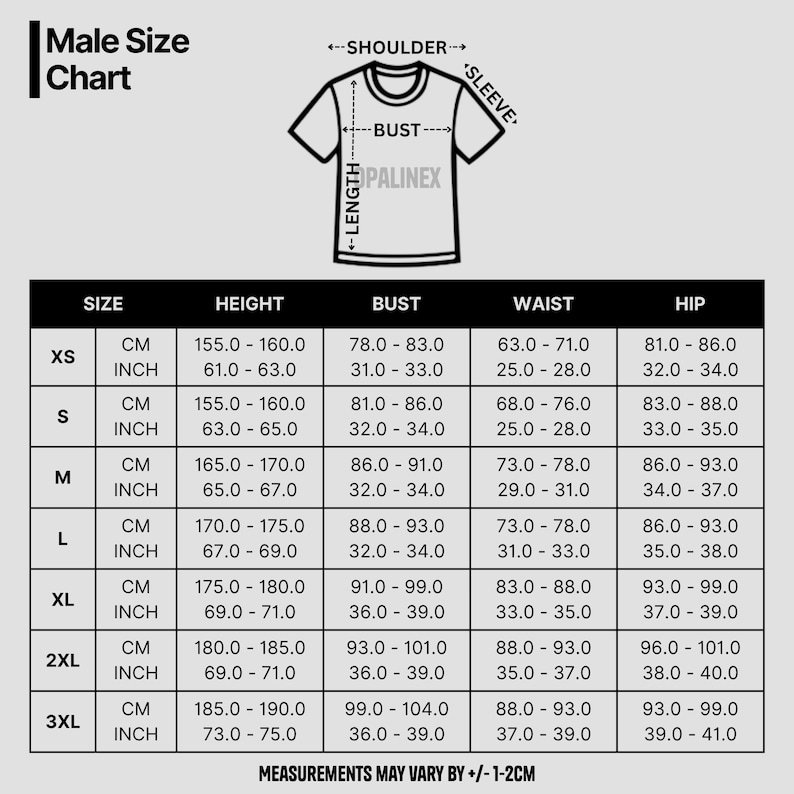 May include: A size chart for men's t-shirts, with measurements in both centimeters and inches. The chart includes sizes XS to 3XL, detailing height, bust, waist, and hip measurements. The brand name "PALINEX" is visible on the t-shirt graphic.
