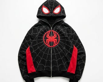 Sudadera con capucha y cremallera de Miles Morales Spider-Man / Sudadera con estampado del Spider-Verse / Chaqueta de superhéroe estilo streetwear / Regalo para fans de los videojuegos Ropa unisex