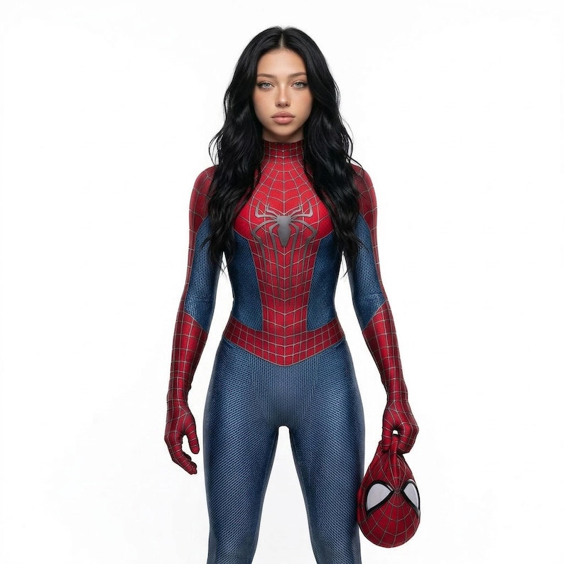 May include: A red and blue Spider-Man costume with a spider emblem on the chest. The costume has a web-like pattern and is worn with matching gloves and a mask. The person is holding the mask in their hand.