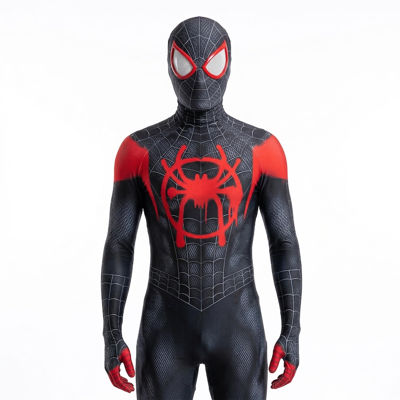 Disfraz de Spider-Man negro / Traje inspirado en Miles Morales del Spider-Verse / Traje de Halloween para adultos / Máscara 3D con lentes y diseño de telaraña Attached Mask