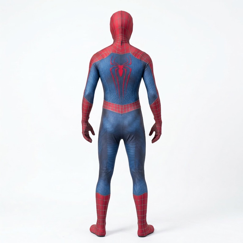 May include: A full-body costume in blue, red, and black, featuring a red spider emblem on the back. The costume has a hood and covers the entire body, including the hands and feet. The design is reminiscent of a superhero costume.