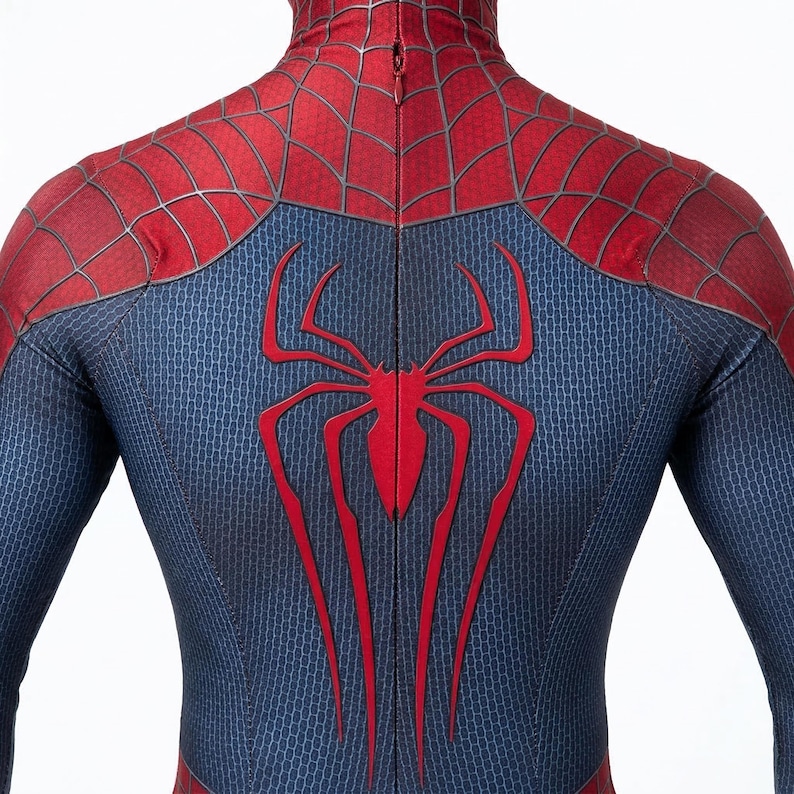 May include: A blue and red superhero costume featuring a large red spider emblem on the back. The costume has a textured pattern and a red spiderweb design on the shoulders and upper back. The suit is form-fitting and appears to be made of a flexible material.