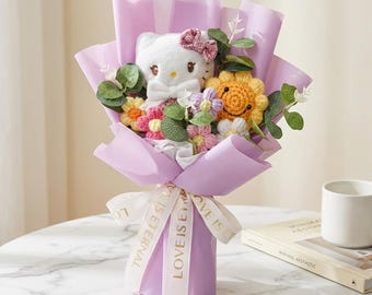 Hello Kitty Blumenstrauß | Gehäkelte Rose Sonnenblume | Nettes Plüsch-Puppen-Geschenk für sie | Geburtstag Jahrestag Kawaii | 35 cm Wohndekor gestrickt