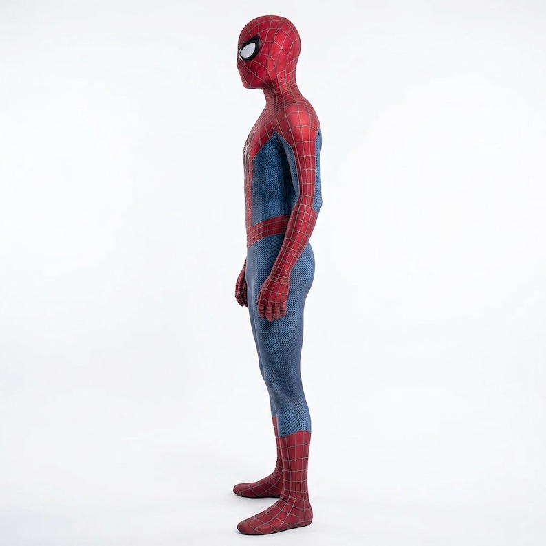 May include: A full-body Spider-Man costume in a side profile view. The costume is primarily blue with red accents on the head, arms, and legs. The mask has white eye lenses. The suit has a web-like pattern.