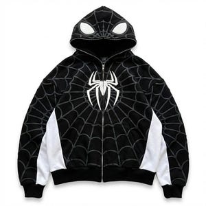 Spider-Man Full Zip Hoodie | Black Symbiote Graphic Sweatshirt | Y2K Streetwear Marvel Apparel | Unisex Spider Venom Web Pullover Fan Gift