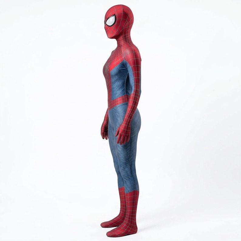 May include: A full-body Spider-Man costume in red and blue. The costume features a red mask with white eye lenses, a red torso and arms, and blue legs. The suit is form-fitting and appears to be made of a flexible material.