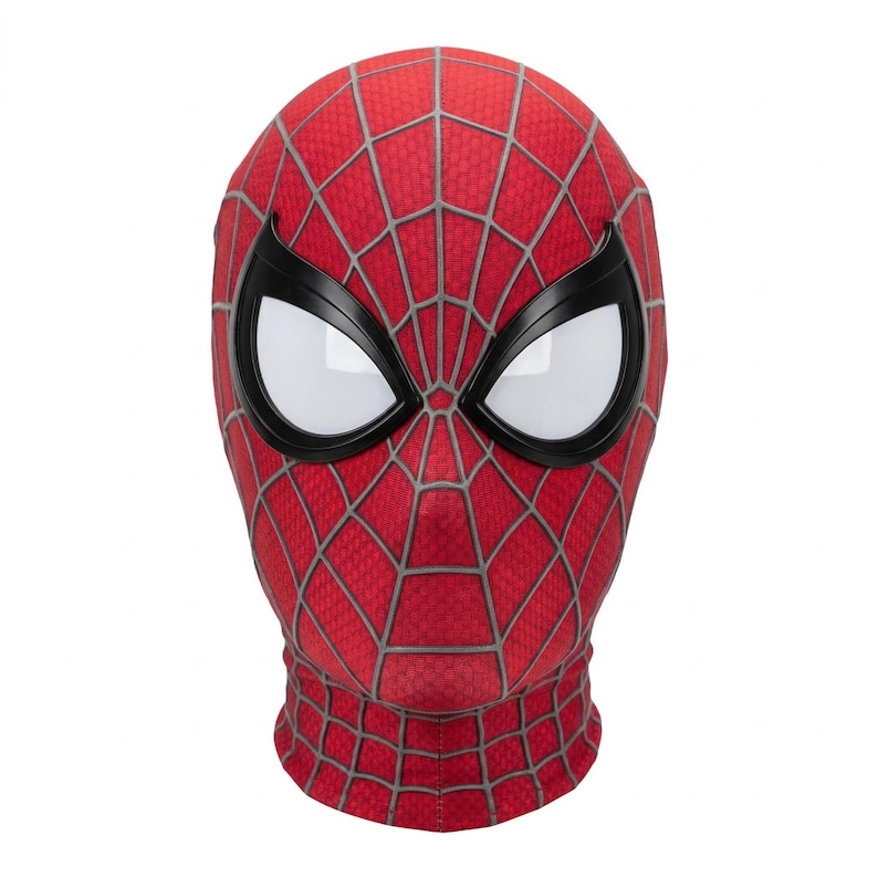 May include: A red Spider-Man mask with a web pattern and large white eyes outlined in black. The mask covers the entire head and neck, and is made of a textured fabric.