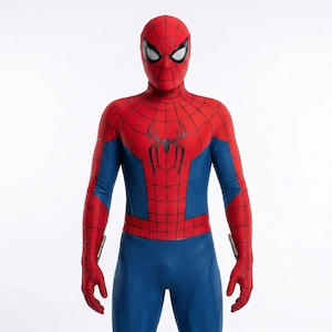 Puede incluir: Un disfraz de superhéroe rojo y azul. Las secciones rojas presentan un patrón de telaraña, con un emblema de araña negra en el pecho. La máscara tiene lentes blancos. El disfraz cubre todo el cuerpo.