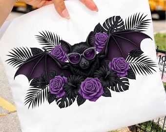 Vampire Bat with Sunglasses Gothic Purple Roses Png, Gothic Bat Lover Gift, Dark Aesthetic Floral Graphic Download