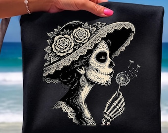 La Catrina Blowing Wishes Maskros Png T-shirt, Sockerskalle Kvinna Gåva, Day of the Dead Lover Graphic Tee