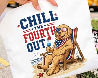 Chill The Fourth Out Golden Retriever Beach Dog T-Shirt, Golden Retriever 4th of July Gift, Patriotic Beach Dog Graphic Tee Digital Download