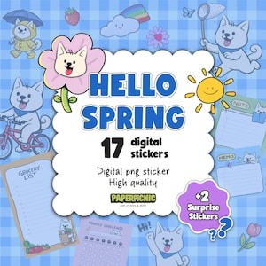 Puede incluir: Una colección de 17 pegatinas digitales con temática de primavera, con perros de dibujos animados, flores, arcoíris y el texto "HELLO SPRING". Las pegatinas están diseñadas en un estilo lindo y colorido, con pegatinas sorpresa adicionales.
