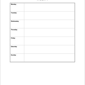 Puede incluir: Una página de planificador semanal en blanco con el texto "Week 1" en la parte superior. El planificador está dividido en siete días, de lunes a domingo, con espacio para notas. El diseño es simple y limpio.