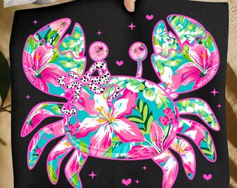 Cangrejo costero PNG: Diseño floral de sublimación con pinceladas de océano tropical veraniego, diseño original divertido de playa retro veraniego