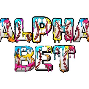 Op de afbeelding: De tekst "ALPHA BET" wordt weergegeven in een kleurrijke, druipende stijl. Elke letter is ontworpen om op een honkbal te lijken, met rode stiksels en een witte achtergrond. De letters zijn zwart omlijnd, met levendige druppels blauw, roze, geel en oranje.