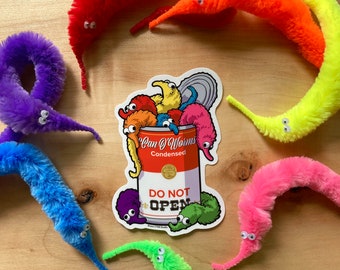 VS030 / Worm on a String Can of Worms Sticker / Funny Squirmy Worm Stickers / Fuzzy Worm Campbells Soup Can