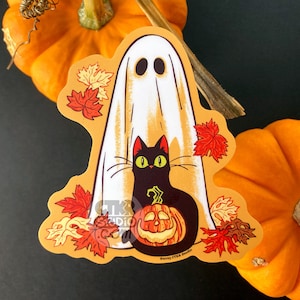 VS168 Fall Ghost, Black Cat and Pumpkin Vinyl Sticker / Spooky Season / Autumn Leaves / Jack O Lantern / Outdoors and Dishwasher Safe