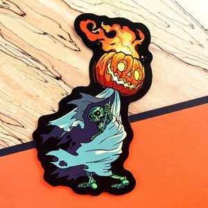 VS103 Skeleton with Flaming Pumpkin Vinyl Sticker / Spooky Jack O Lantern Torch / Evil Skeleton and Scary Pumpkin Waterproof Decal