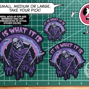 VS098 Shrugging Reaper / It Is What It Is /Pastel Rainbow Goth / dark vibes / Vinyl Skeleton Sticker image 3