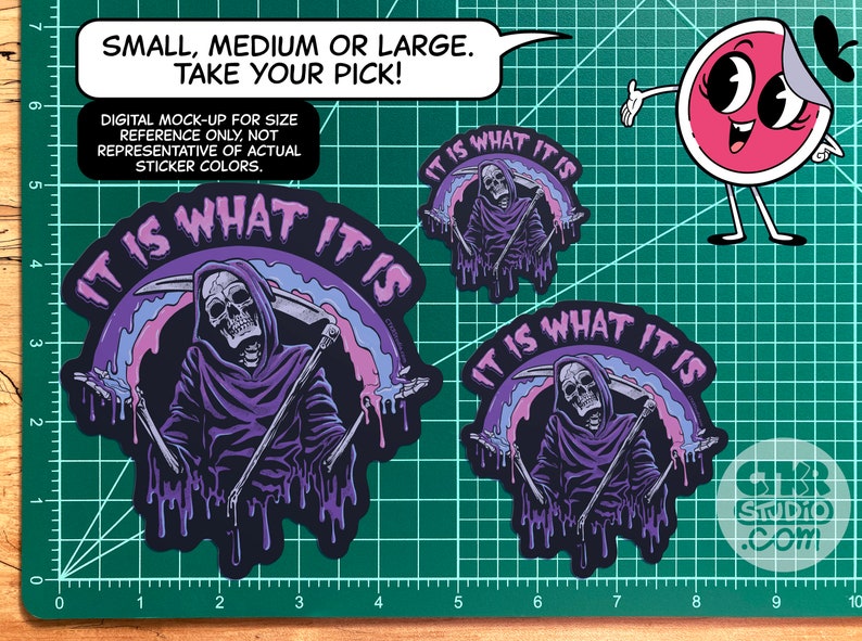 VS098 Shrugging Reaper / It Is What It Is /Pastel Rainbow Goth / dark vibes / Vinyl Skeleton Sticker image 3