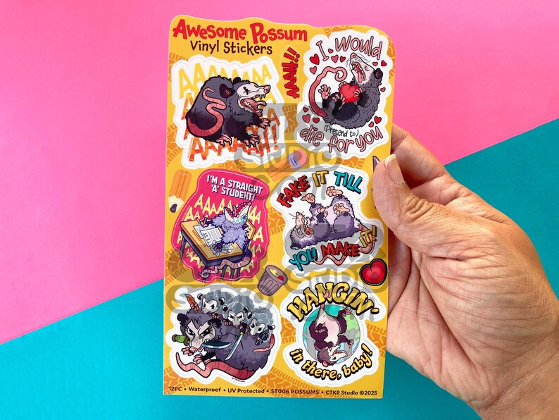 Funny Opossum Sticker Sheet: Waterproof Vinyl Decals, Trash Animal Art ...