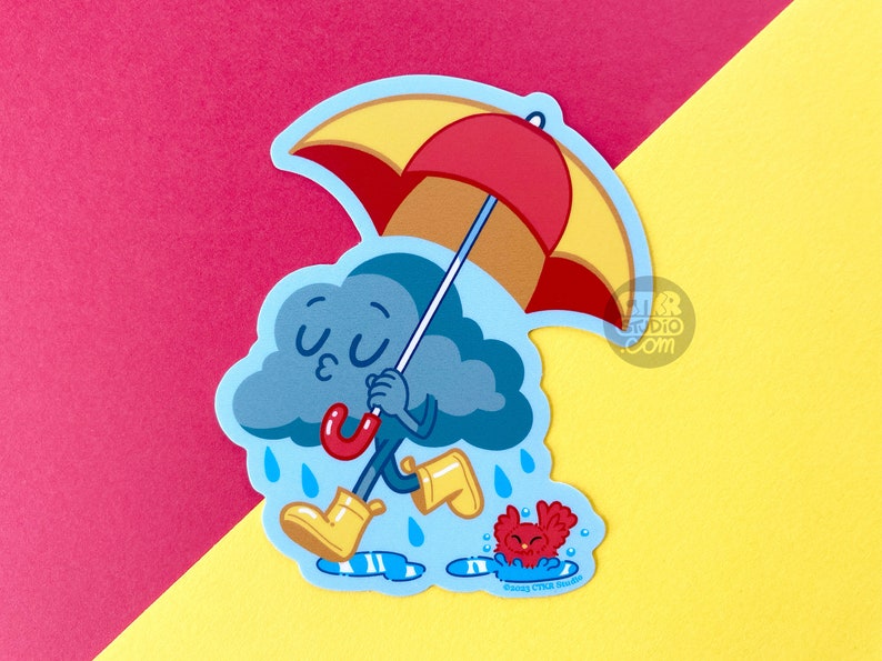 VS143 Nuage de pluie avec autocollant vinyle parapluie / Douche solaire / Amoureux des jours de pluie / Funny Kawaii Red Bird image 2