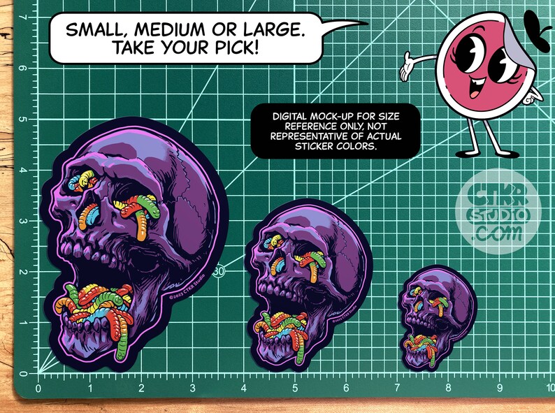 May include: Three different sizes of a sticker featuring a purple skull with colorful gummy worms coming out of its mouth and eyes. The text "SMALL, MEDIUM OR LARGE. TAKE YOUR PICK!" is at the top of the image. The text "DIGITAL MOCK-UP FOR SIZE REFERENCE ONLY, NOT REPRESENTATIVE OF ACTUAL STICKER COLORS." is in the middle of the image. The text "GIKR STUDIO .COM" is at the bottom of the image.
