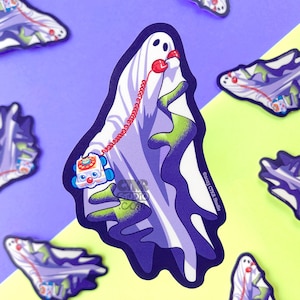 May include: A purple and white ghost holding a toy phone with a red cord. The ghost is on a green and purple background. The text "©2019 CMK Studio" is in the bottom right corner of the image.