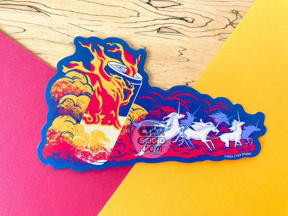 VS191 Red Bull Chasing Unicorns Vinyl Sticker / Funny 80s Fantasy Anime Parody / Unicorn Lover Gift / Nerd Geek Humor
